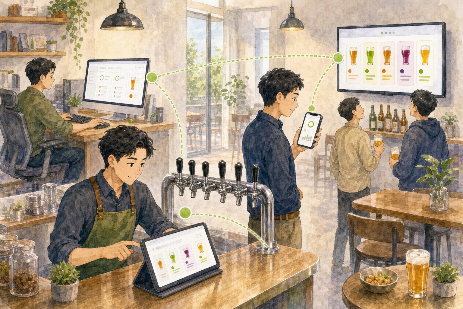 收银员使用平板 POS、店主使用电脑后台、店长使用手机小程序、顾客观看电视酒单,四个终端共享门店数据