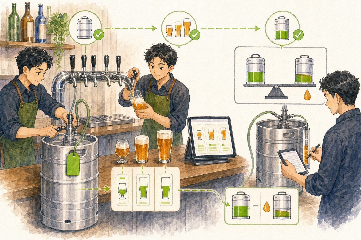行业 POS 记录酒桶上枪、按杯售卖和下枪盘点的完整周期,让酒损差异清楚可见