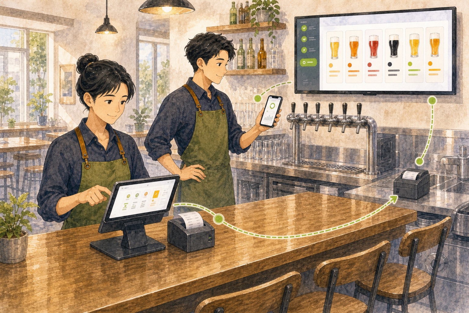 开店前,收银平板、收据打印机、厨房或吧台打印机、电视酒单和店长手机连接成一套门店系统