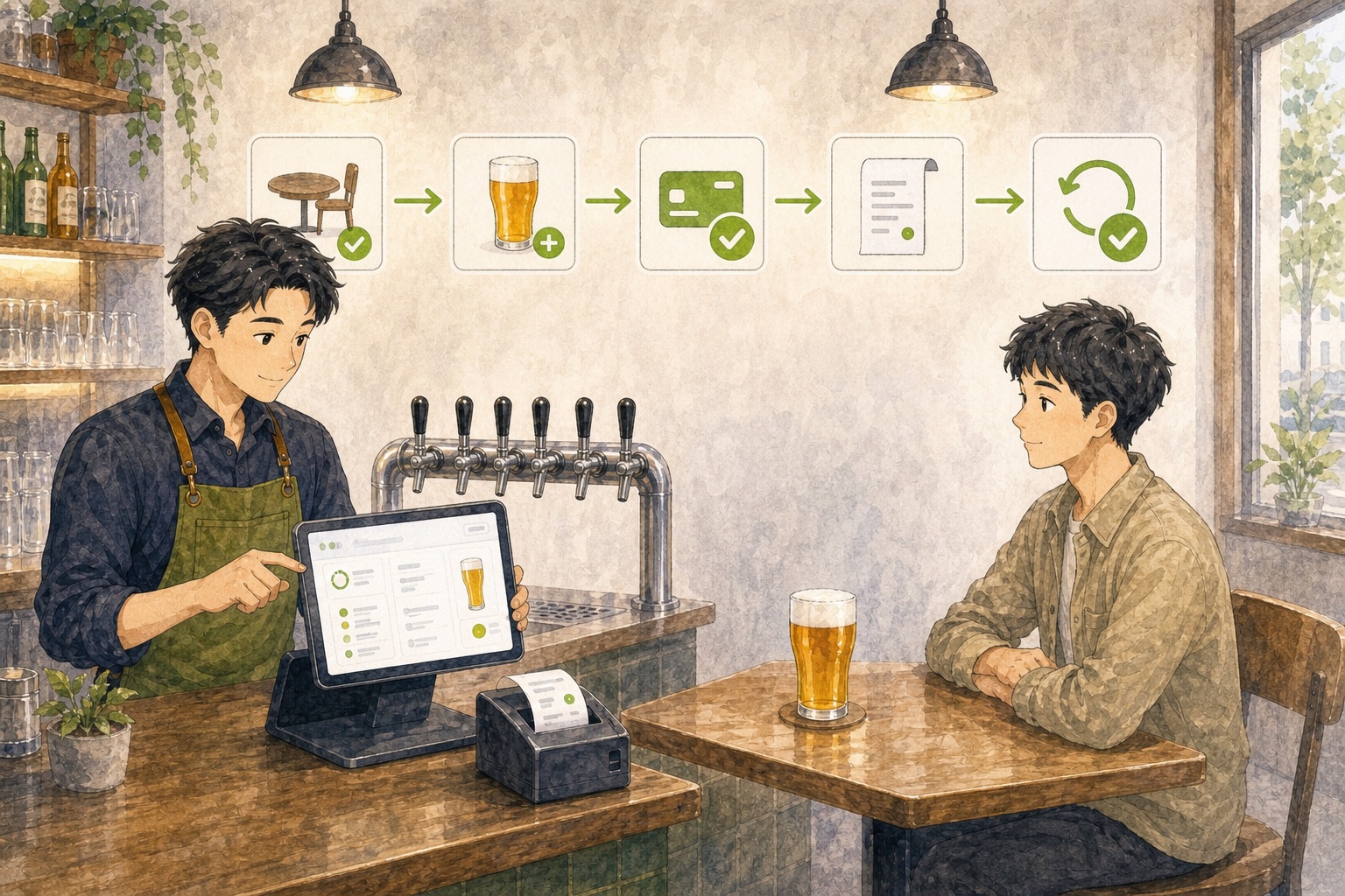 员工在正式营业前用一桌测试订单依次完成开台、点一杯、结账、打印小票和退单