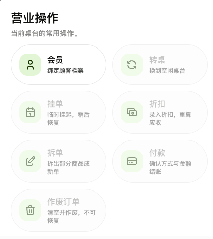 POS 营业操作面板：没有订单时只有会员格可点，转桌、挂单、折扣、拆单、付款和作废订单置灰